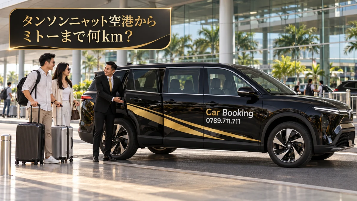 タンソンニャット空港からミトーまでの距離: タンソンニャット空港でCar Bookingの7人乗りSUVに乗る旅行者