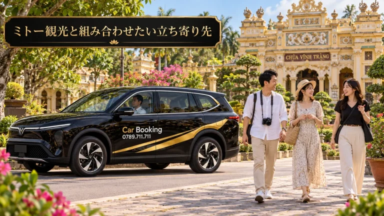 ミトー観光と組み合わせたい立ち寄り先: ヴィンチャン寺の前を歩く旅行者とCar Bookingの7人乗りSUV