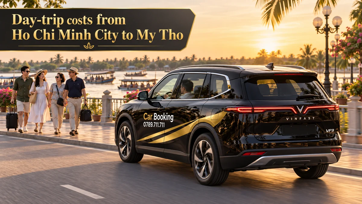 Travelers review their My Tho day-trip budget beside a branded Car Booking SUV