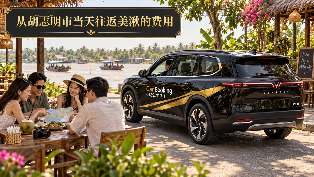 胡志明市往返美湫一日游费用: 美湫河边停靠的Car Booking七座车与游客