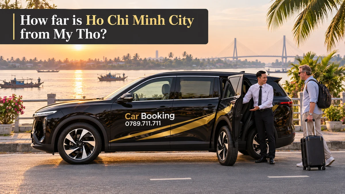 Ho Chi Minh City to My Tho distance: Car Booking seven-seat VinFast SUV at the My Tho riverside after the drive from Ho Chi Minh City
