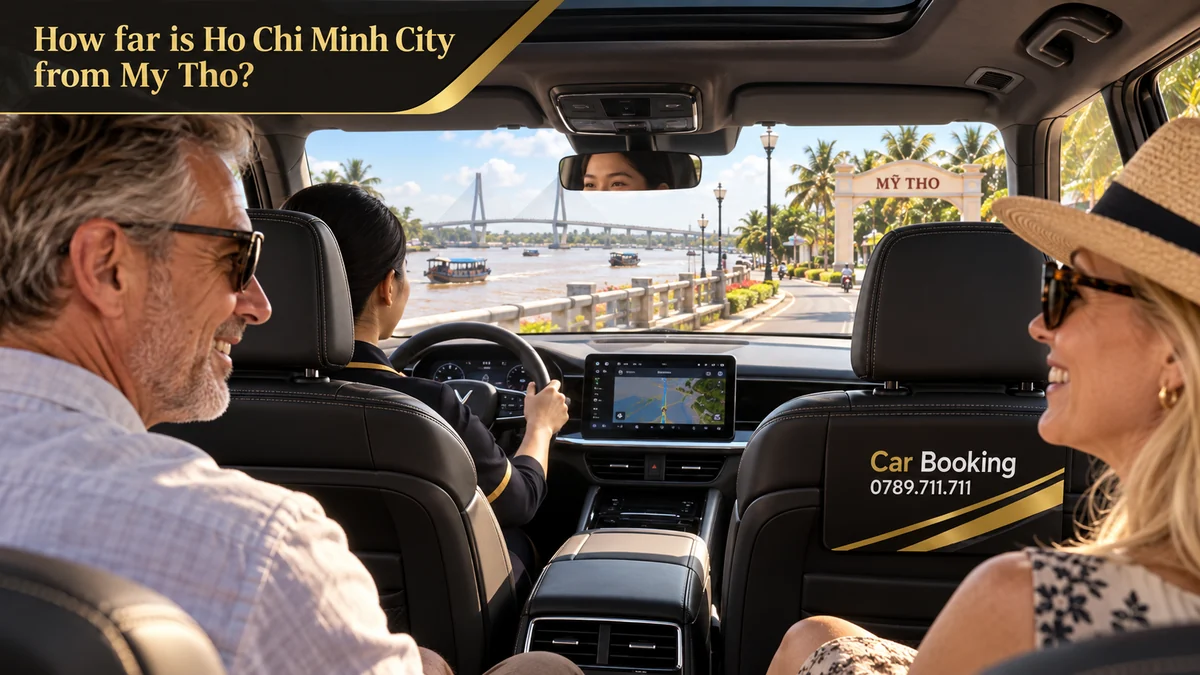 Inside a Car Booking VinFast SUV approaching My Tho with a driver seated on the left