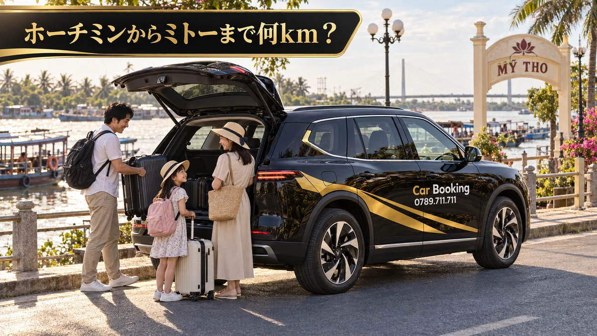 ミトーの川沿いで荷物を載せる家族とCar BookingのVinFast車