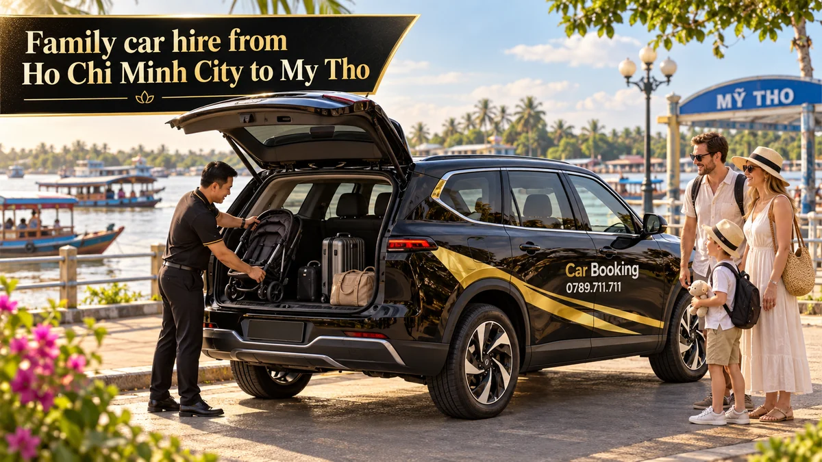 Driver arranges stroller and luggage in a Car Booking SUV for a My Tho family trip