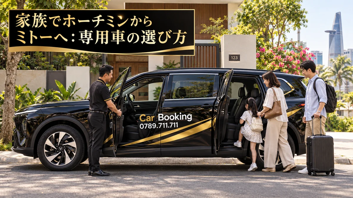 ホーチミンからミトーへの家族向け専用車: ホーチミンで家族がCar Bookingの7人乗りSUVに乗り込む様子