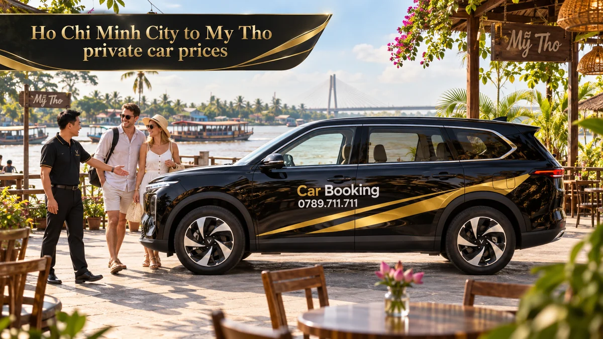 Ho Chi Minh City to My Tho private car prices: Car Booking private seven-seat VinFast SUV at a My Tho riverside café