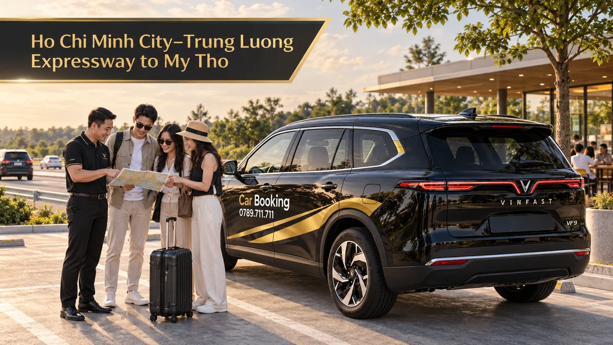 Travelers and a Car Booking SUV at an expressway rest stop en route to My Tho