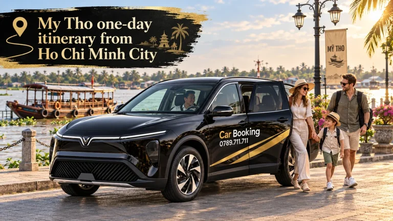 My Tho one-day itinerary from Ho Chi Minh City: Car Booking SUV at the My Tho riverside as a family starts a one-day trip