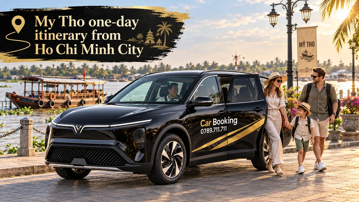 My Tho one-day itinerary from Ho Chi Minh City: Car Booking SUV at the My Tho riverside as a family starts a one-day trip