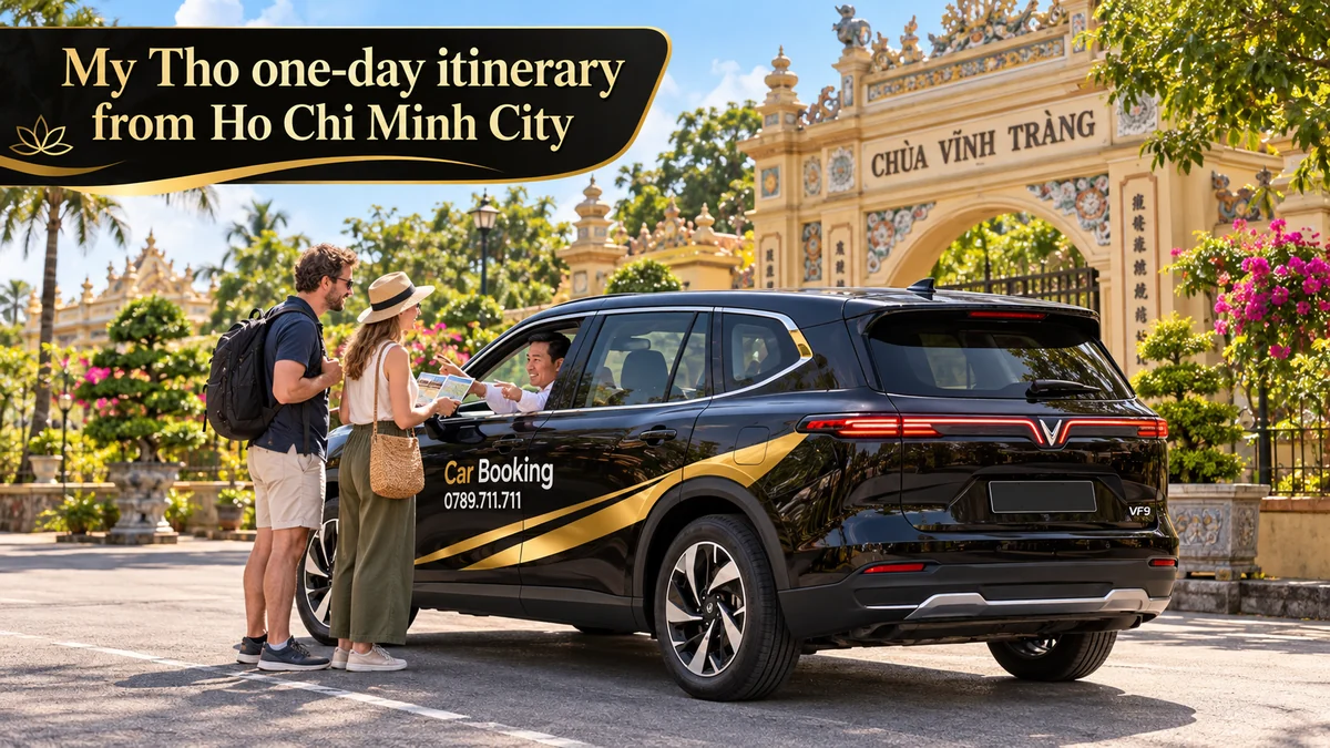 Car Booking driver talks with travelers outside Vinh Trang Pagoda