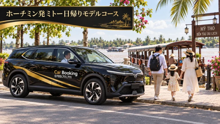 ホーチミン発ミトー日帰りモデルコース: ミトーの船着場へ向かう家族とCar Bookingの7人乗りSUV