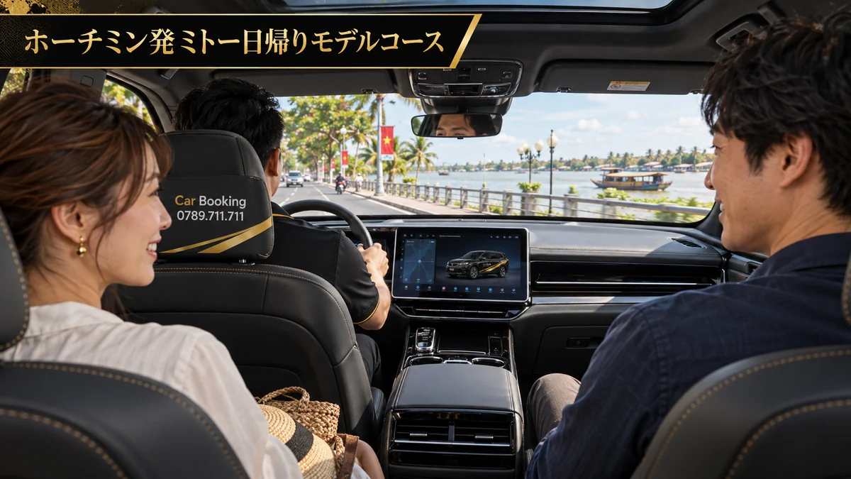 左側の運転席からミトーの川沿いを走るCar Booking車内