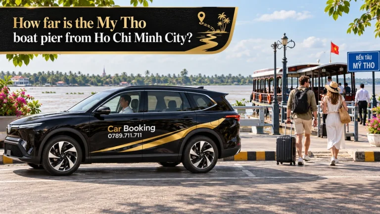 Ho Chi Minh City to My Tho boat pier distance: Car Booking seven-seat SUV beside a My Tho boat pier with travelers walking to the dock