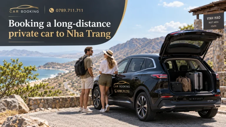 long-distance private car to Nha Trang — article title on an illustration of a Car Booking vehicle and travellers