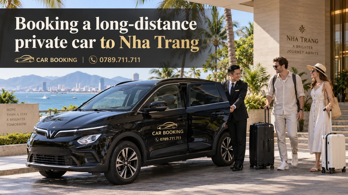 long-distance private car to Nha Trang — article title on a separate illustration of a private car journey with travellers