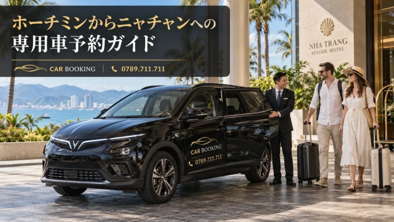 ニャチャンへの専用車予約：記事タイトル入り、Car Bookingの車と旅行者のイメージ