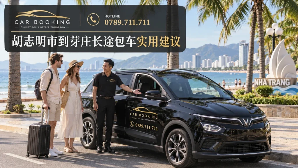 芽庄长途包车：文章标题设计，Car Booking车辆与旅客示意图