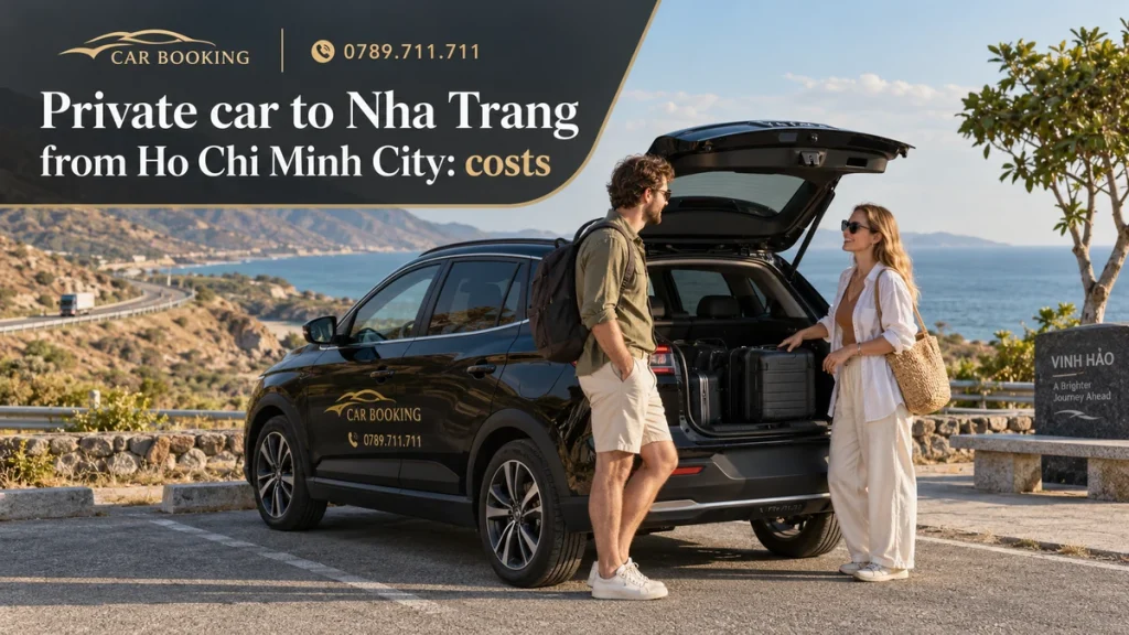 private car to Nha Trang — article title on an illustration of a Car Booking vehicle and travellers