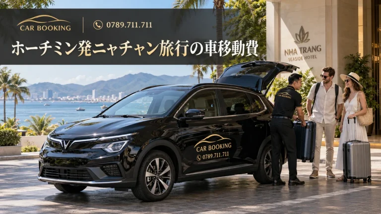 ニャチャン旅行の車移動費：記事タイトル入り、Car Bookingの車と旅行者のイメージ