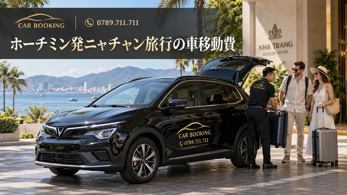 ニャチャン旅行の車移動費：記事タイトル入り、Car Bookingの車と旅行者のイメージ
