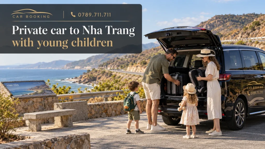 private car to Nha Trang with young children — article title on an illustration of a Car Booking vehicle and travellers