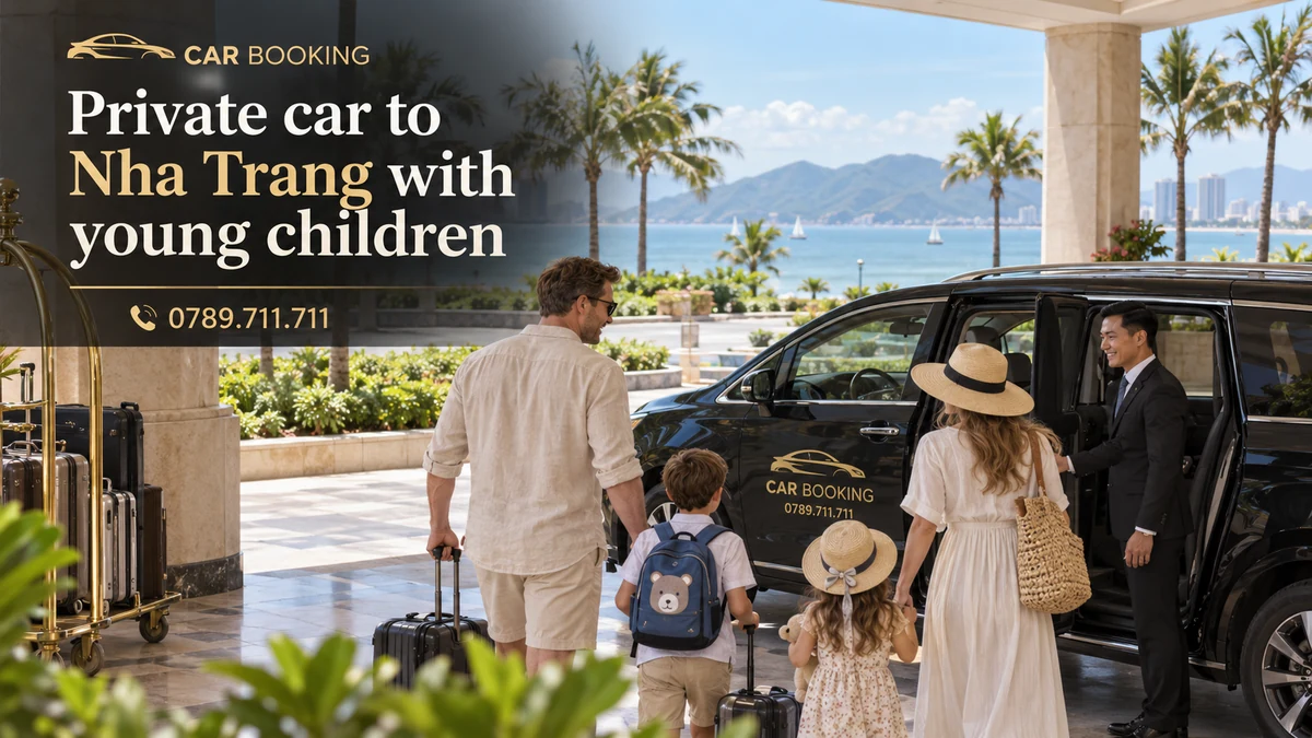 private car to Nha Trang with young children — article title on a separate illustration of a private car journey with travellers