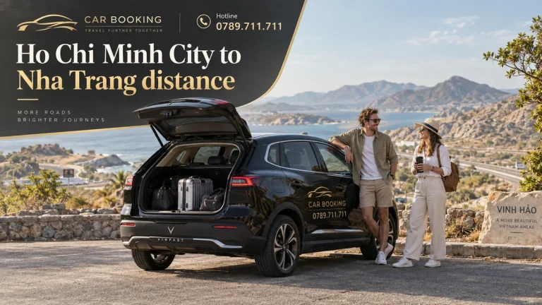 Ho Chi Minh City to Nha Trang distance — article title on an illustration of a Car Booking vehicle and travellers