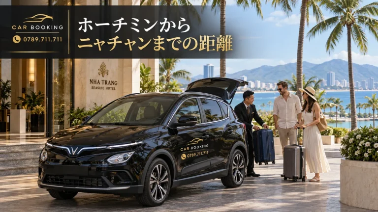 ホーチミンからニャチャンまでの距離：記事タイトル入り、Car Bookingの車と旅行者のイメージ