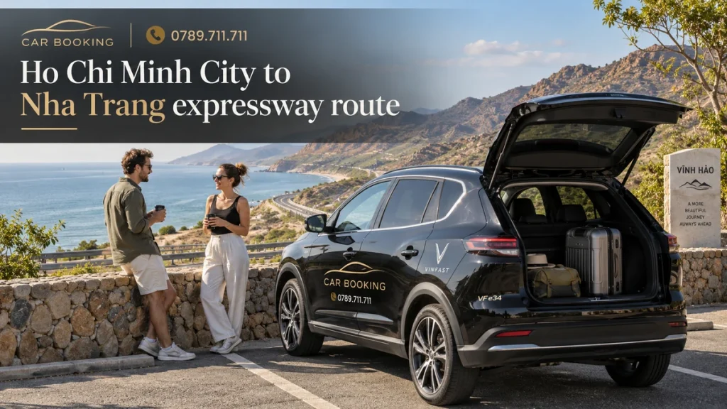 Ho Chi Minh City to Nha Trang expressway — article title on an illustration of a Car Booking vehicle and travellers
