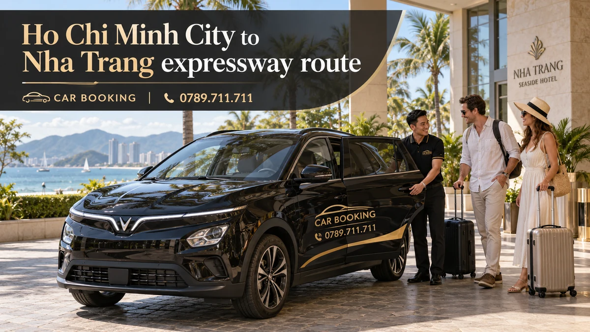 Ho Chi Minh City to Nha Trang expressway — article title on a separate illustration of a private car journey with travellers