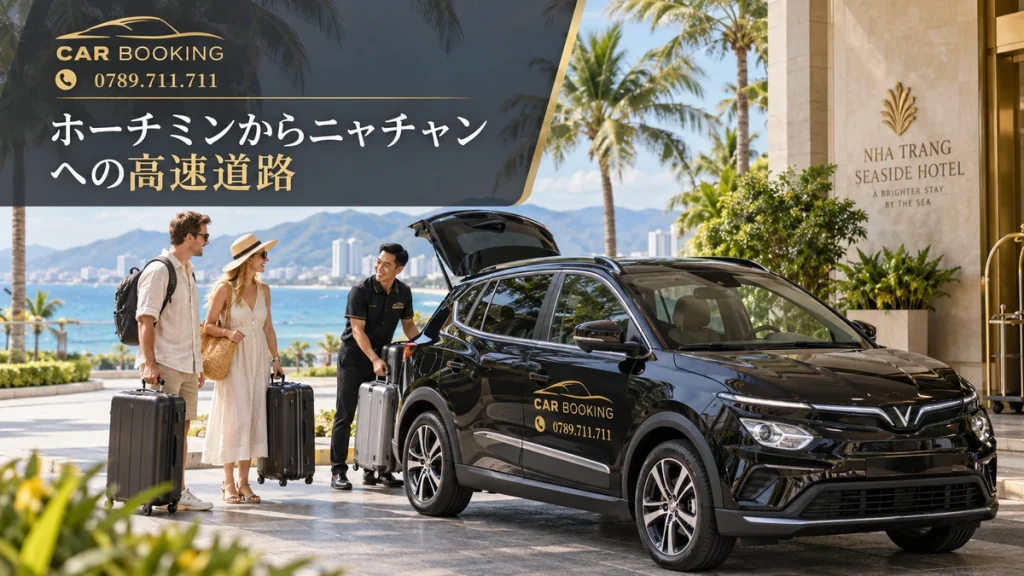 ニャチャンへの高速道路：記事タイトル入り、Car Bookingの車と旅行者のイメージ