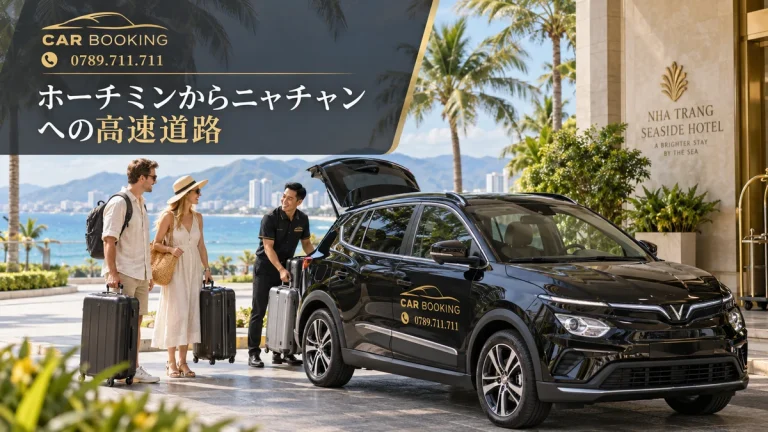 ニャチャンへの高速道路：記事タイトル入り、Car Bookingの車と旅行者のイメージ