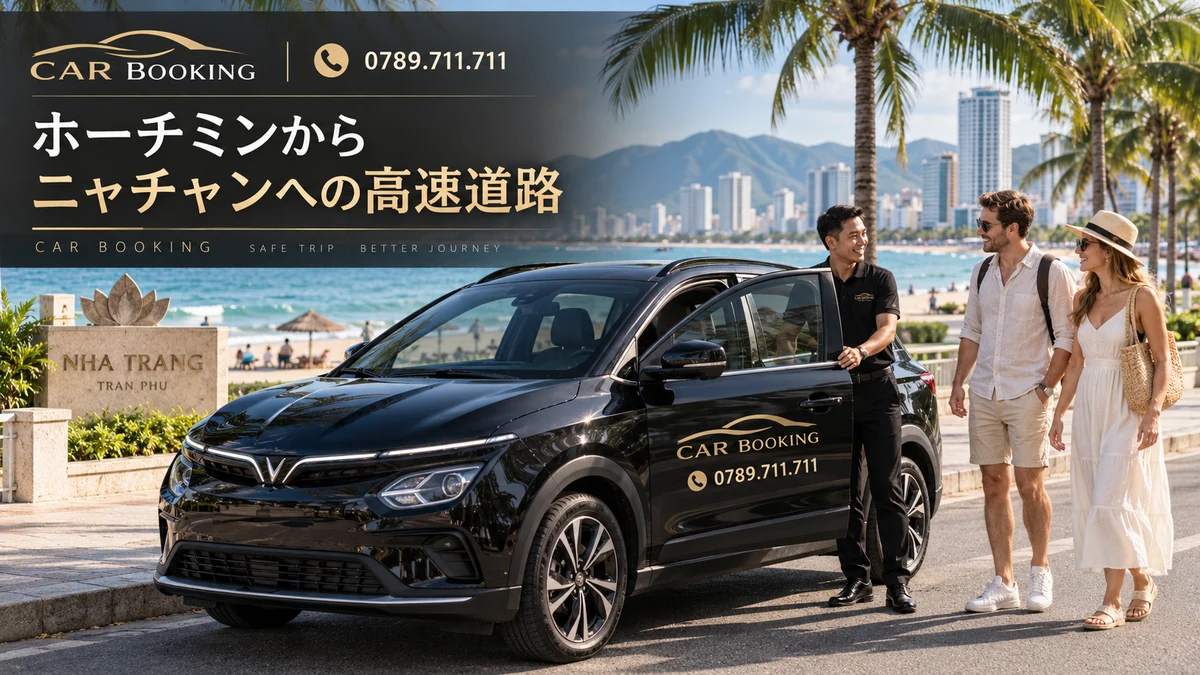 ニャチャンへの高速道路：記事タイトル入り、車で旅する旅行者の別イメージ