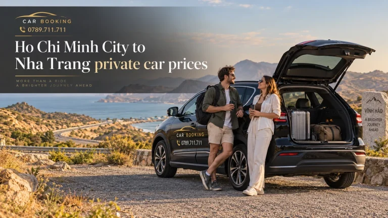 Ho Chi Minh City to Nha Trang private car prices — article title on an illustration of a Car Booking vehicle and travellers