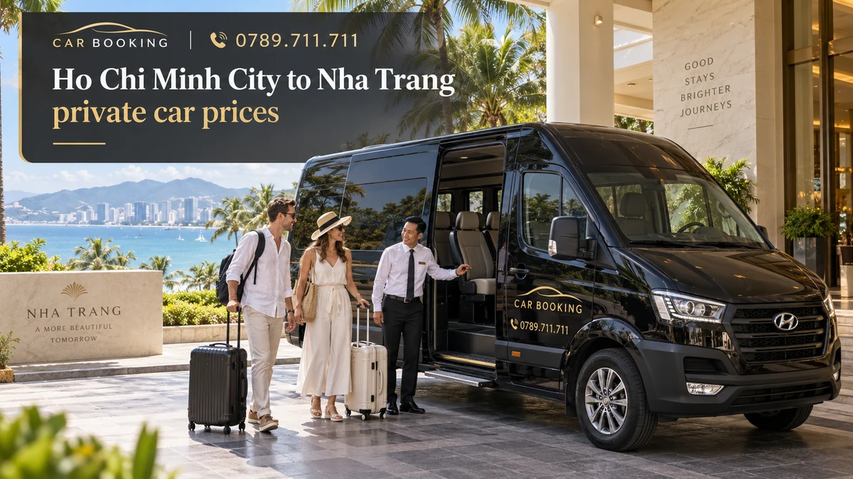 Ho Chi Minh City to Nha Trang private car prices — article title on a separate illustration of a private car journey with travellers