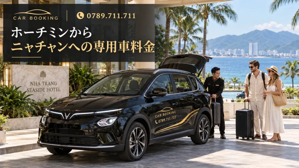 ホーチミンからニャチャンへの専用車料金：記事タイトル入り、Car Bookingの車と旅行者のイメージ