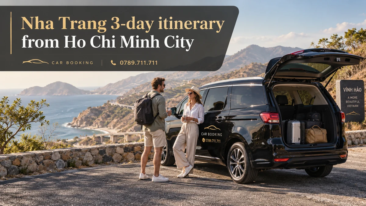 Nha Trang 3-day itinerary — article title on an illustration of a Car Booking vehicle and travellers