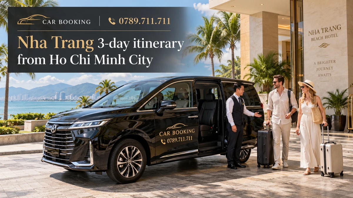 Nha Trang 3-day itinerary — article title on a separate illustration of a private car journey with travellers