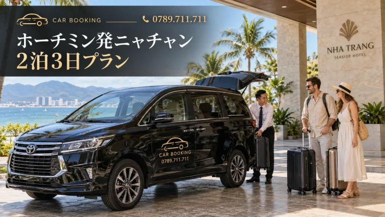 ニャチャン2泊3日：記事タイトル入り、Car Bookingの車と旅行者のイメージ