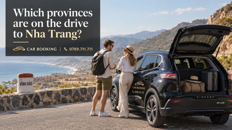 provinces on the drive to Nha Trang — article title on an illustration of a Car Booking vehicle and travellers