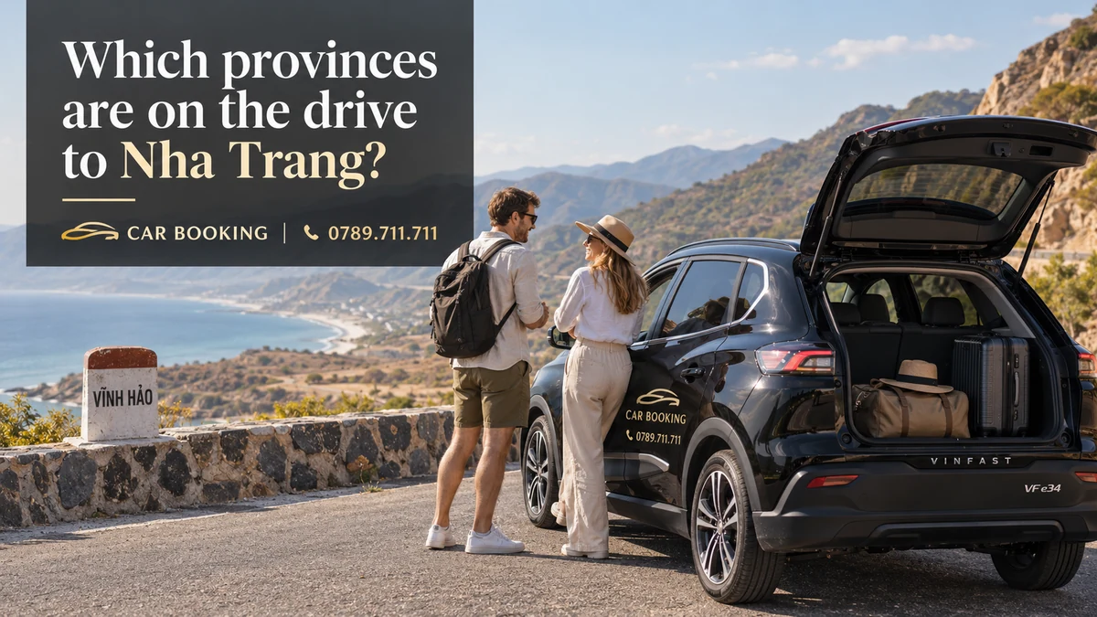provinces on the drive to Nha Trang — article title on an illustration of a Car Booking vehicle and travellers