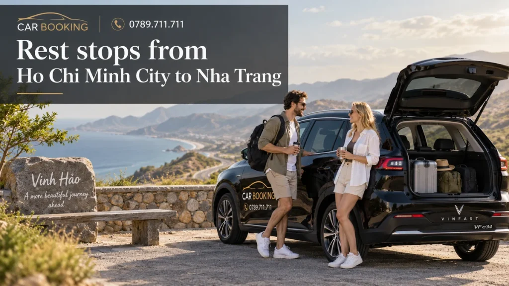 rest stops from Ho Chi Minh City to Nha Trang — article title on an illustration of a Car Booking vehicle and travellers