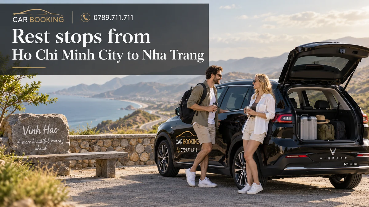 rest stops from Ho Chi Minh City to Nha Trang — article title on an illustration of a Car Booking vehicle and travellers