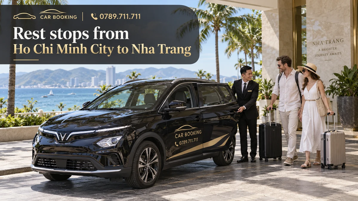 rest stops from Ho Chi Minh City to Nha Trang — article title on a separate illustration of a private car journey with travellers