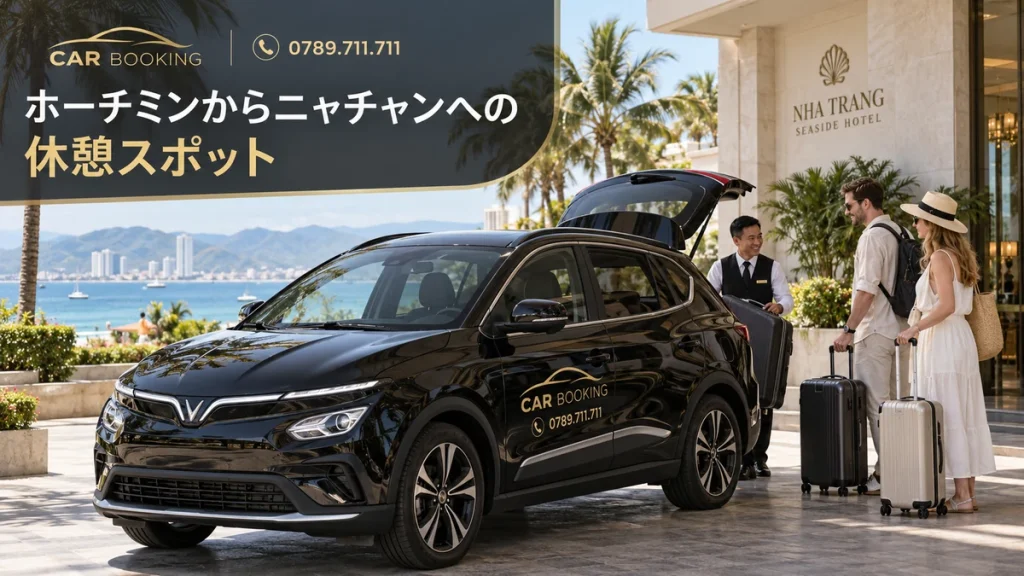 ニャチャンへの休憩スポット：記事タイトル入り、Car Bookingの車と旅行者のイメージ