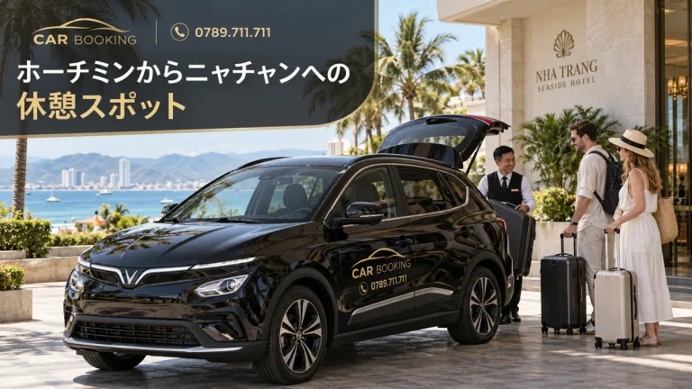 ニャチャンへの休憩スポット：記事タイトル入り、Car Bookingの車と旅行者のイメージ