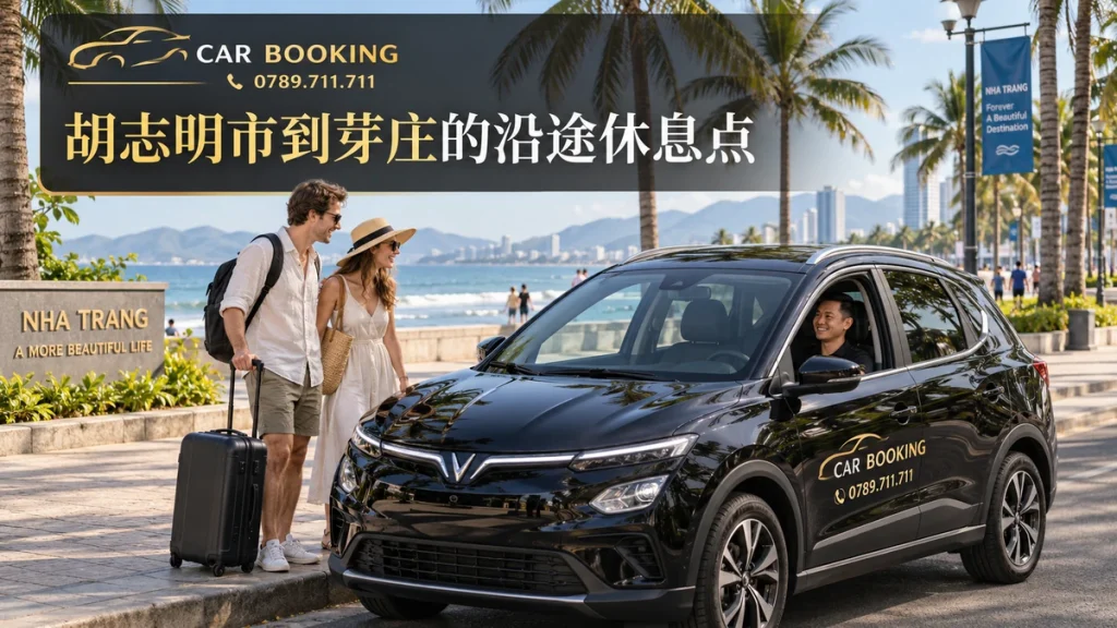 芽庄的沿途休息点：文章标题设计，Car Booking车辆与旅客示意图