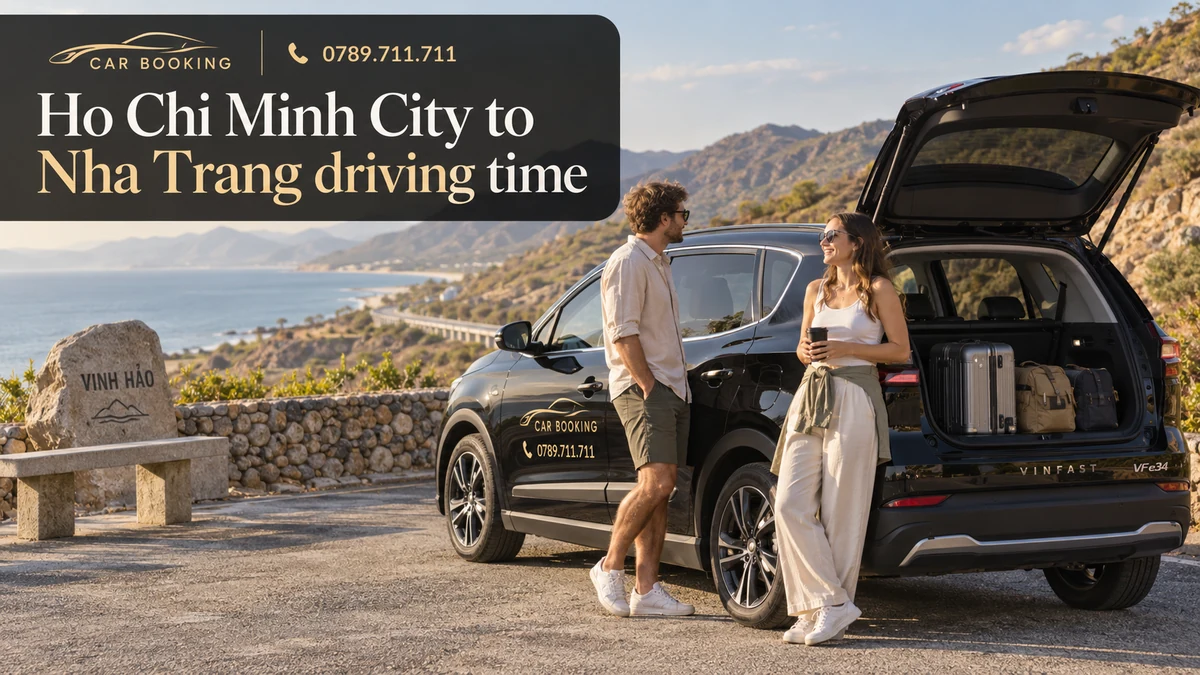 Ho Chi Minh City to Nha Trang driving time — article title on an illustration of a Car Booking vehicle and travellers
