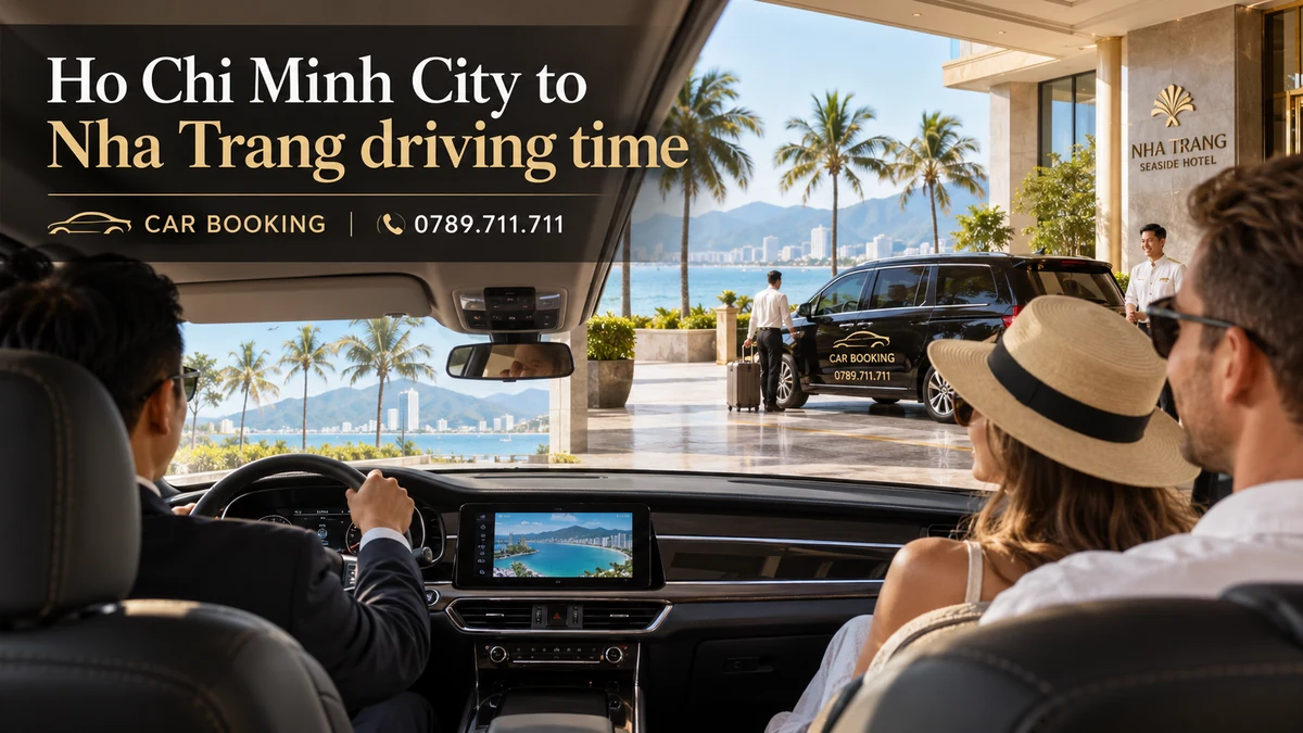 Ho Chi Minh City to Nha Trang driving time — article title on a separate illustration of a private car journey with travellers