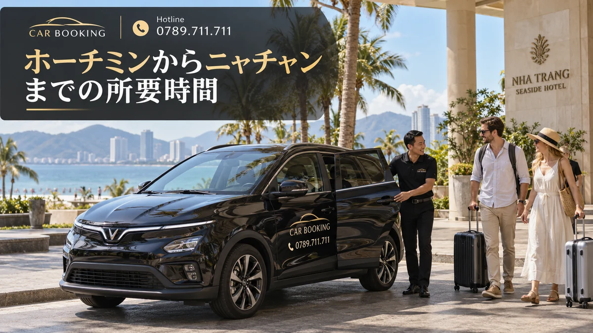 ホーチミンからニャチャンまでの所要時間：記事タイトル入り、Car Bookingの車と旅行者のイメージ